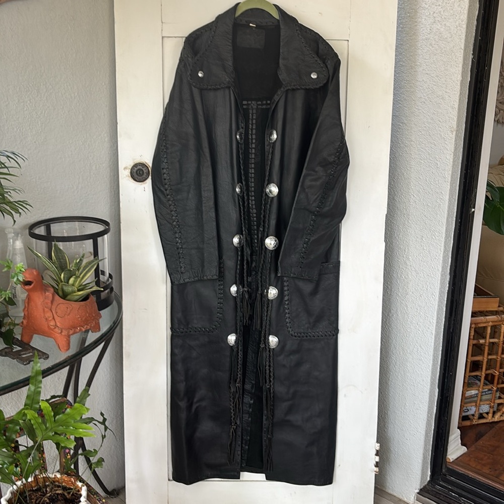 Vintage RARE Vintage Black Leather Braided & Large Silver Decor and Trench Coat